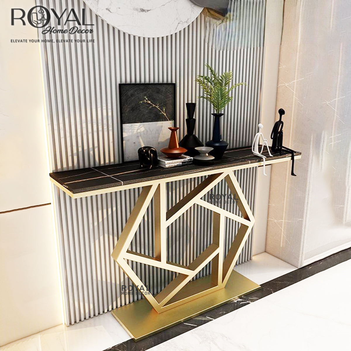 Stylish Gold Finish Console Table with Marble Top