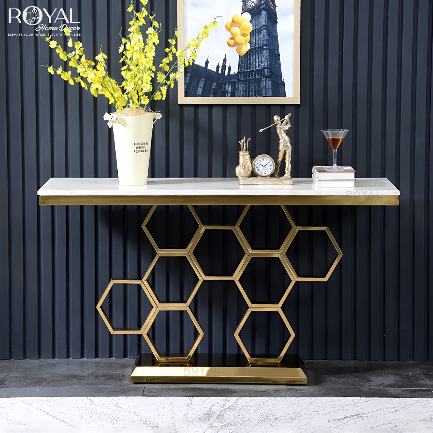 Designer Honeycomb Gold Console Table with Marble Top