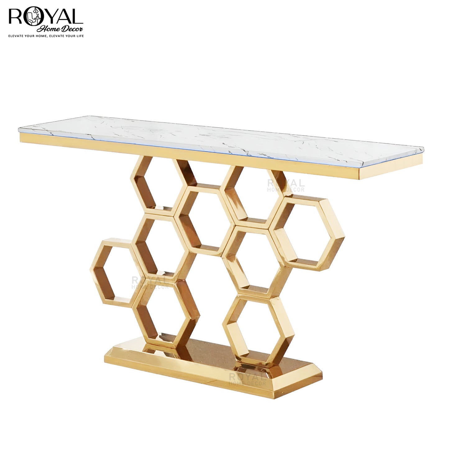 Designer Honeycomb Gold Console Table with Marble Top