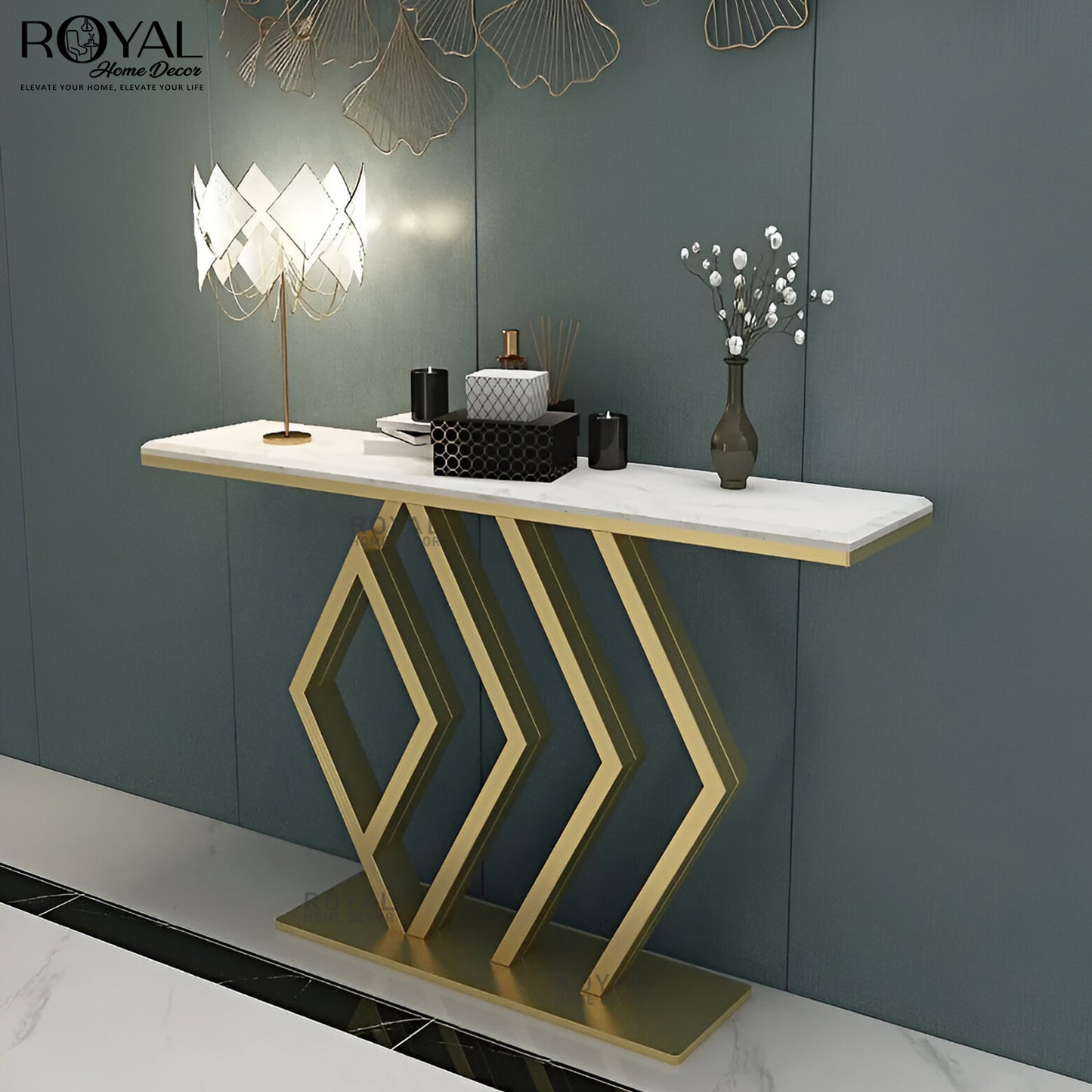 Luxury Rhombus Gold Console Table with Marble Top