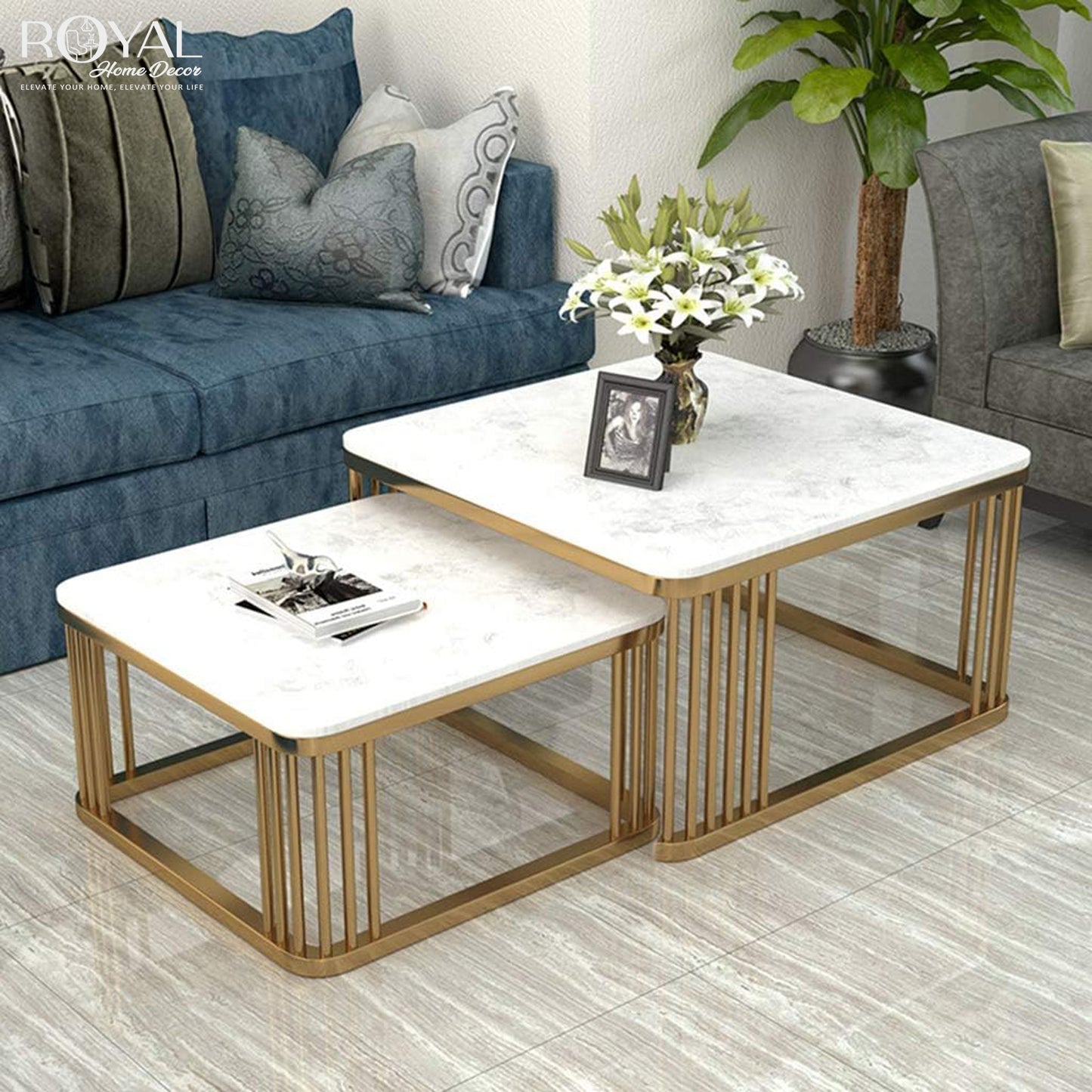Luxury Nested Square Coffee Table Set – White Marble & Gold