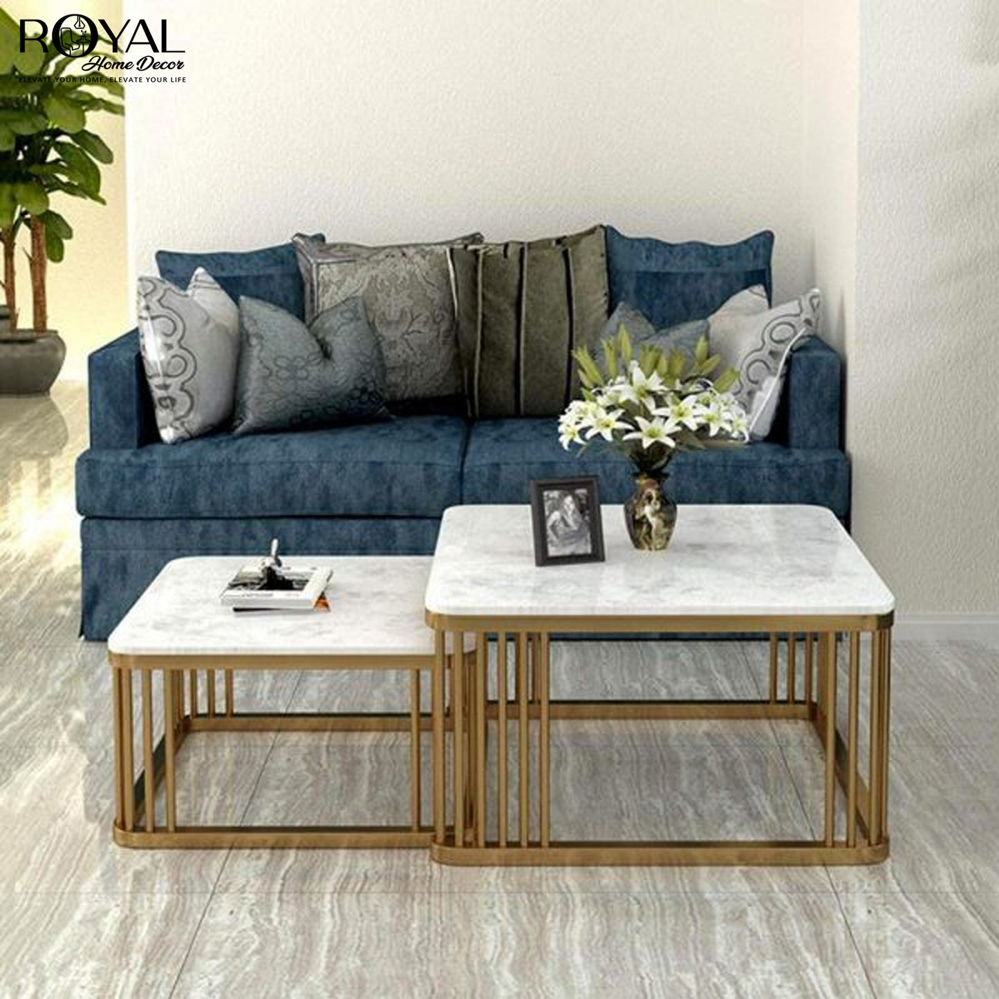 Luxury Nested Square Coffee Table Set – White Marble & Gold