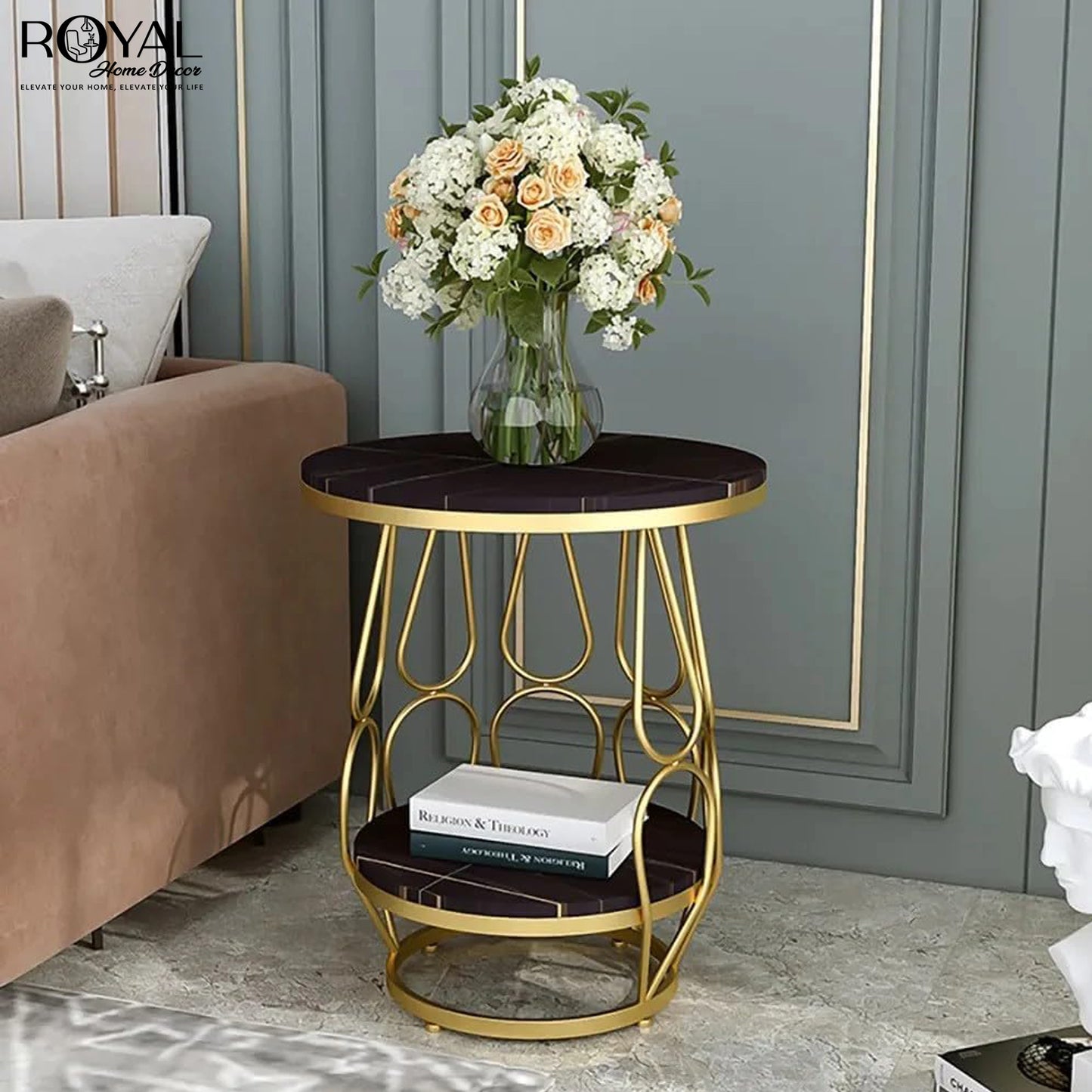 Orbis Luxe Side Table – Dual Marble Shelves