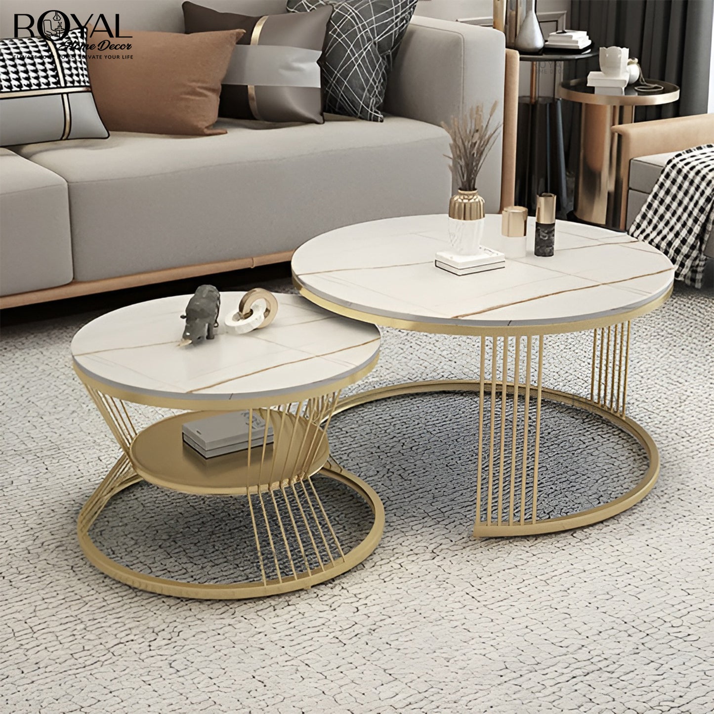 Regal Marble Nesting Tables – Gold Finish & White Marble Top