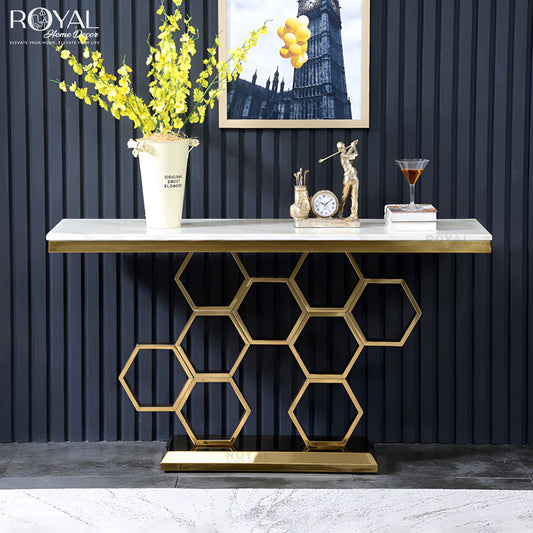 Designer Honeycomb Gold Console Table with Marble Top