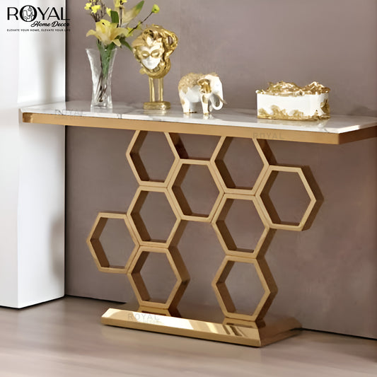 Designer Honeycomb Gold Console Table with Marble Top