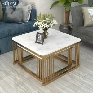Luxury Nested Square Coffee Table Set – White Marble & Gold